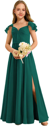 Augday Chiffon Junior Bridesmaid Dress Pleated V-Neck Cap Sleeves A-Line Flower Girl Formal Gown
