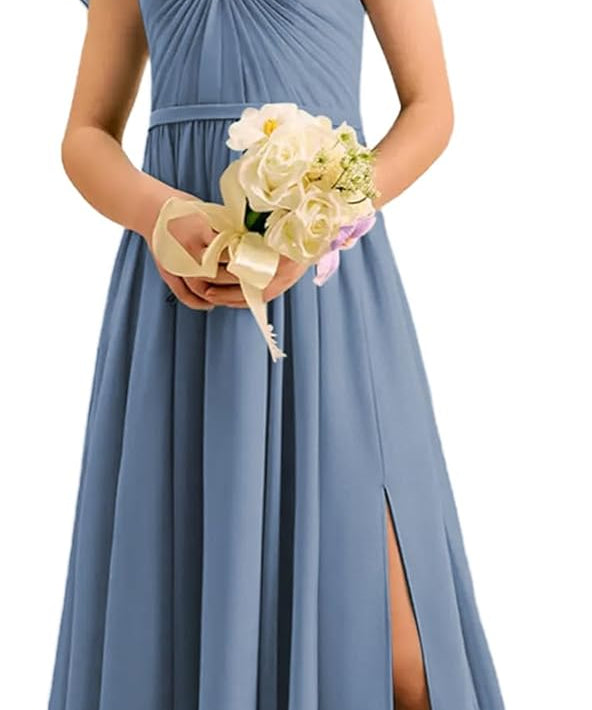 Augday Chiffon Junior Bridesmaid Dress Pleated V-Neck Cap Sleeves A-Line Flower Girl Formal Gown UJR151