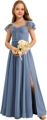Augday Chiffon Junior Bridesmaid Dress Pleated V-Neck Cap Sleeves A-Line Flower Girl Formal Gown