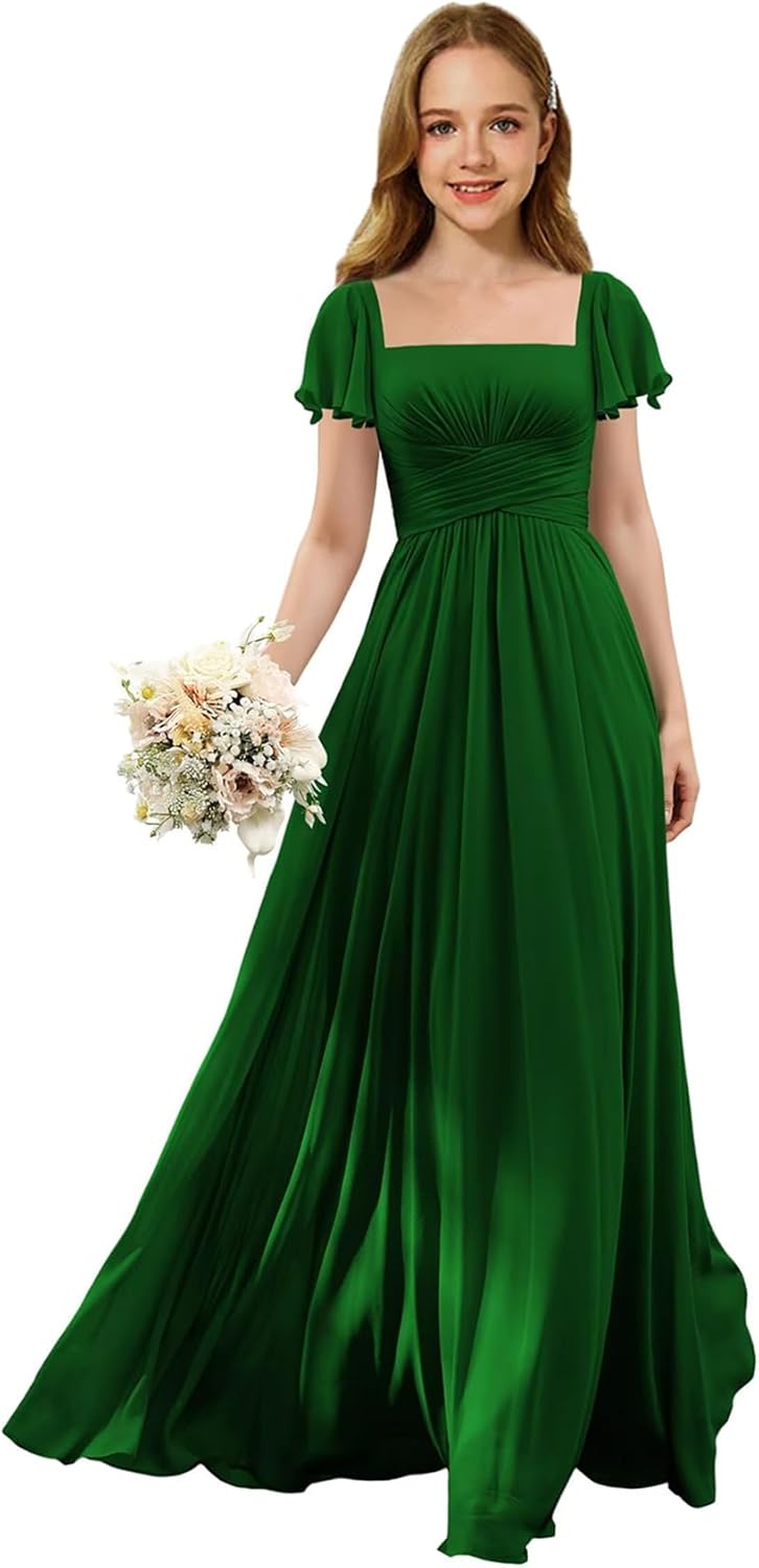 Flutter Sleeves Junior Bridesmaid Dress Square Neck Flower Girl Dresses with Ruffles A Line Wedding Party Gown