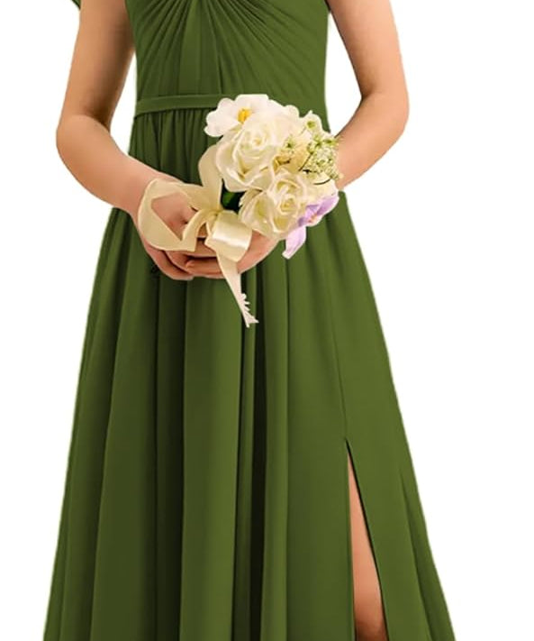Augday Chiffon Junior Bridesmaid Dress Pleated V-Neck Cap Sleeves A-Line Flower Girl Formal Gown UJR151