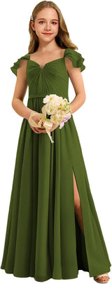 Augday Chiffon Junior Bridesmaid Dress Pleated V-Neck Cap Sleeves A-Line Flower Girl Formal Gown
