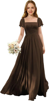 Augday Flutter Sleeves Junior Bridesmaid Dress Square Neck Flower Girl Dresses with Ruffles A Line Wedding Party Gown