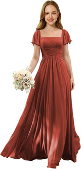 Augday Flutter Sleeves Junior Bridesmaid Dress Square Neck Flower Girl Dresses with Ruffles A Line Wedding Party Gown