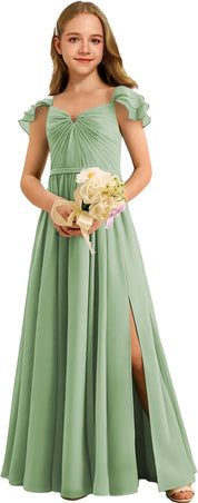 Augday Chiffon Junior Bridesmaid Dress Pleated V-Neck Cap Sleeves A-Line Flower Girl Formal Gown UJR151