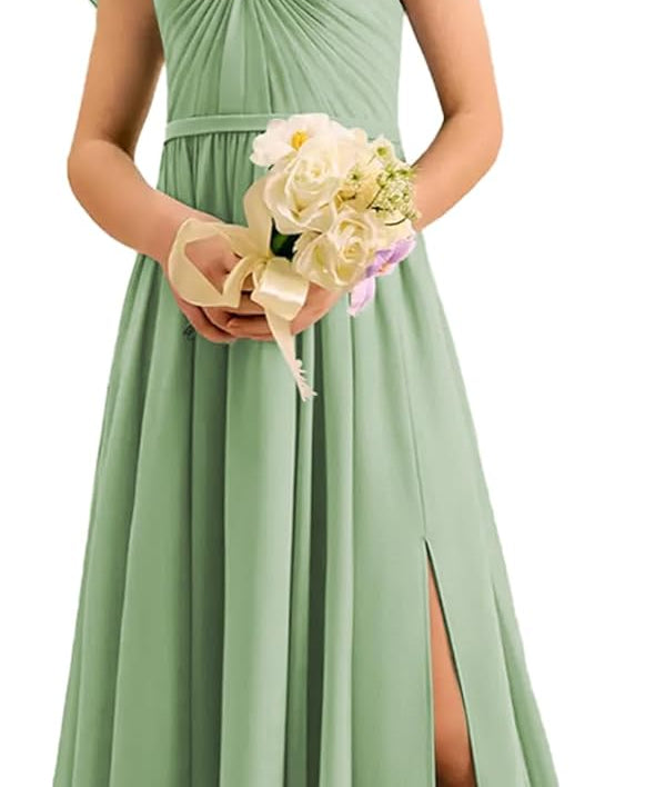Augday Chiffon Junior Bridesmaid Dress Pleated V-Neck Cap Sleeves A-Line Flower Girl Formal Gown UJR151
