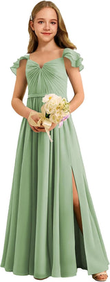 Augday Chiffon Junior Bridesmaid Dress Pleated V-Neck Cap Sleeves A-Line Flower Girl Formal Gown