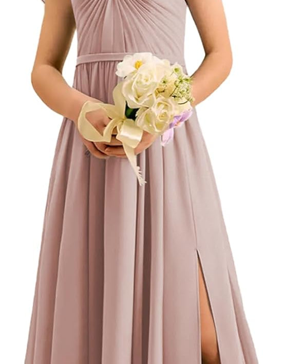 Augday Chiffon Junior Bridesmaid Dress Pleated V-Neck Cap Sleeves A-Line Flower Girl Formal Gown UJR151