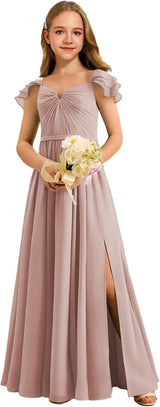 Augday Chiffon Junior Bridesmaid Dress Pleated V-Neck Cap Sleeves A-Line Flower Girl Formal Gown