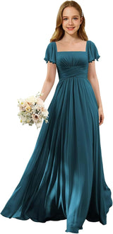 Augday Flutter Sleeves Junior Bridesmaid Dress Square Neck Flower Girl Dresses with Ruffles A Line Wedding Party Gown