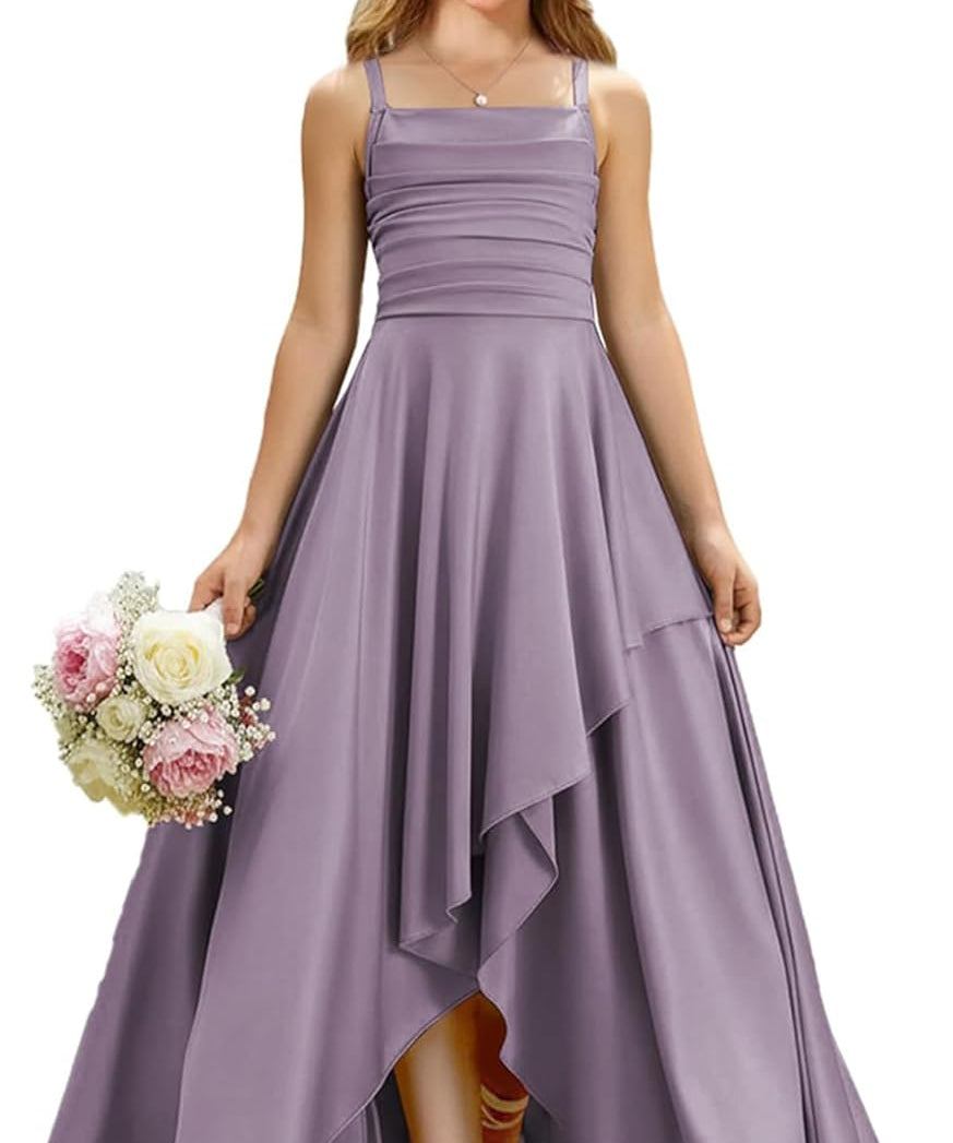 Augday Satin Junior Bridesmaid Dress with Adjustable Straps A-Line Flower Girl Formal Gown UJR150