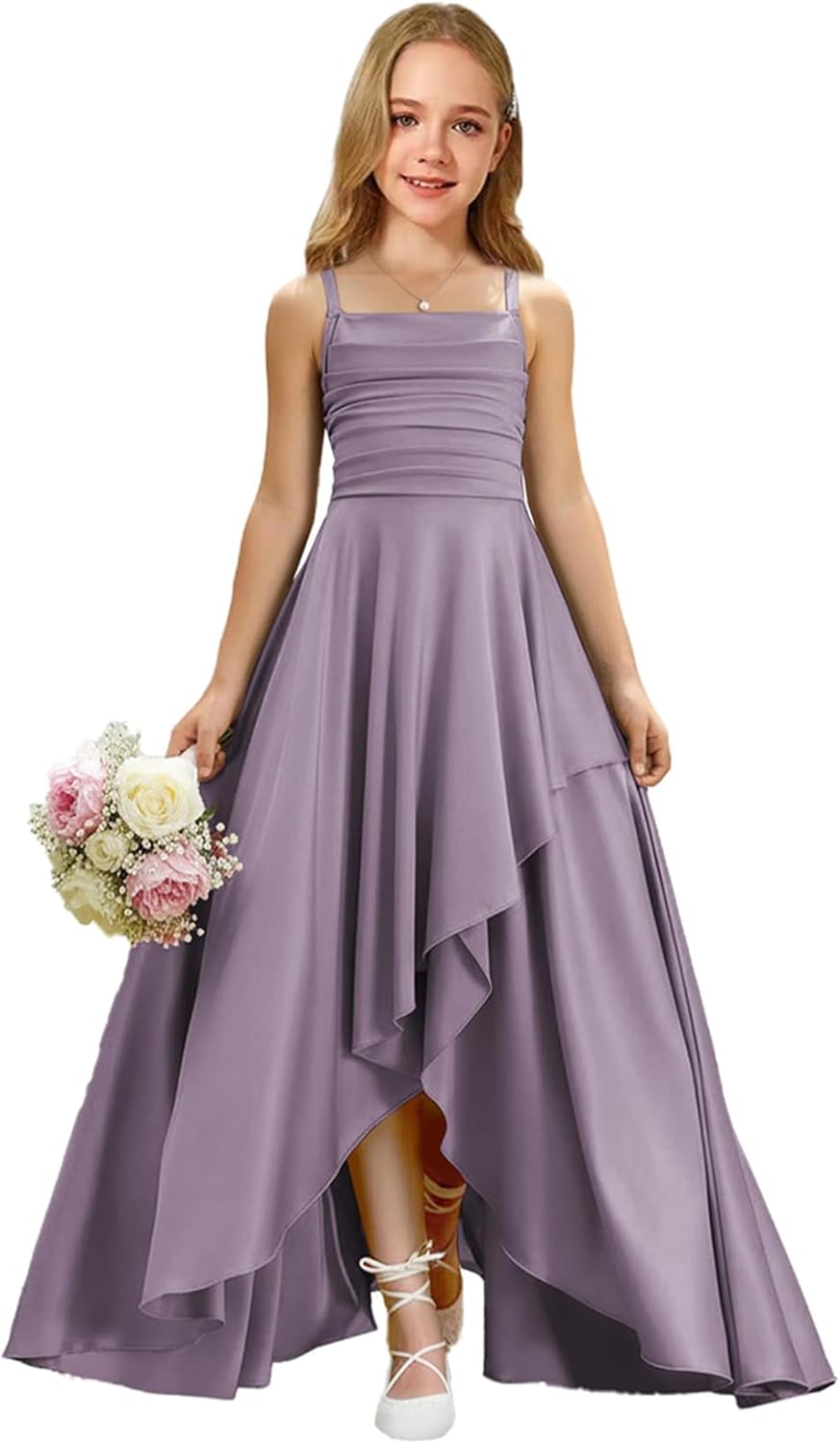 Augday Satin Junior Bridesmaid Dress with Adjustable Straps A-Line Flower Girl Formal Gown UJR150