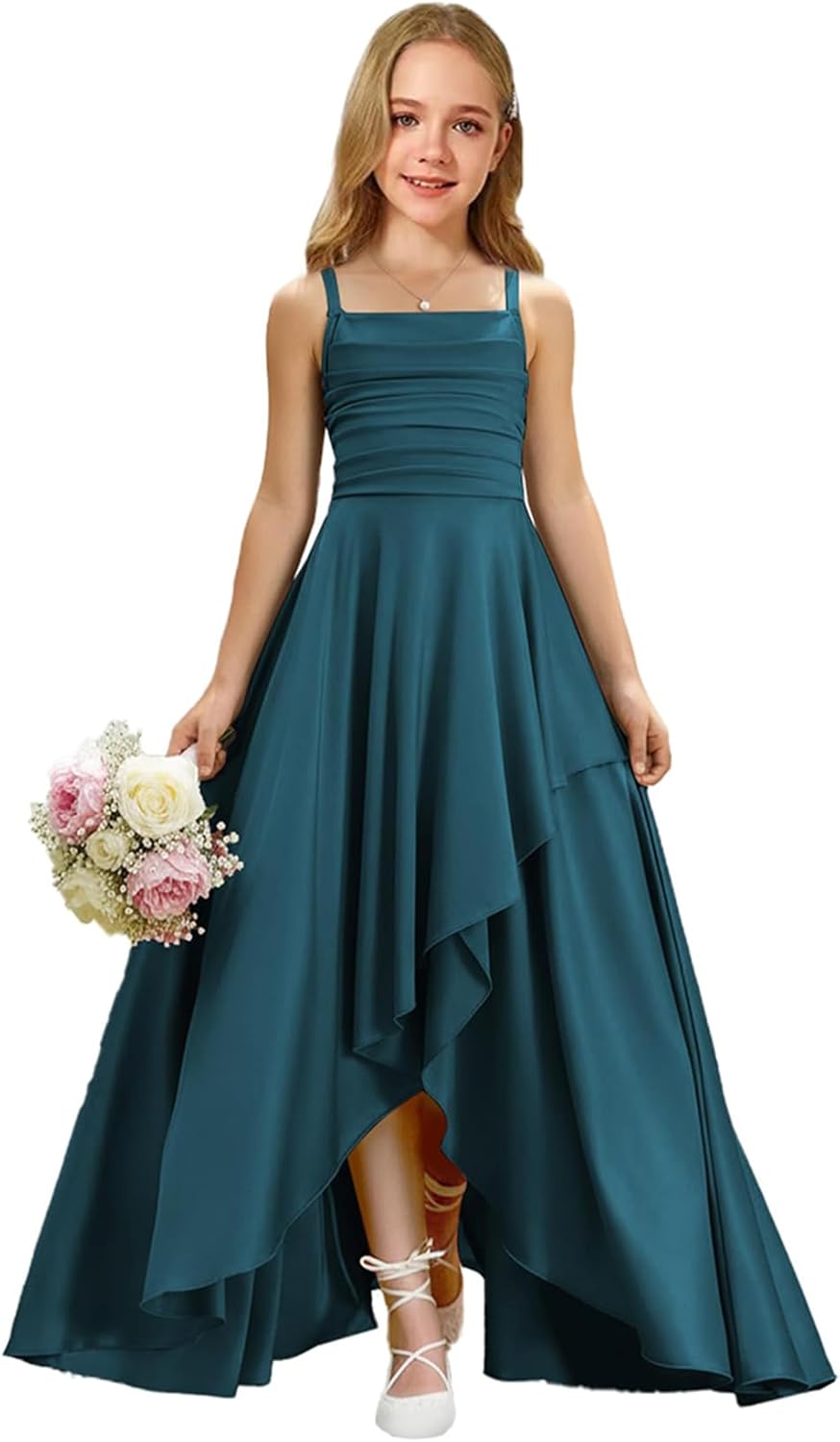 Augday Satin Junior Bridesmaid Dress with Adjustable Straps A-Line Flower Girl Formal Gown UJR150
