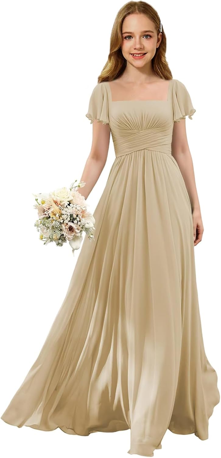 Flutter Sleeves Junior Bridesmaid Dress Square Neck Flower Girl Dresses with Ruffles A Line Wedding Party Gown