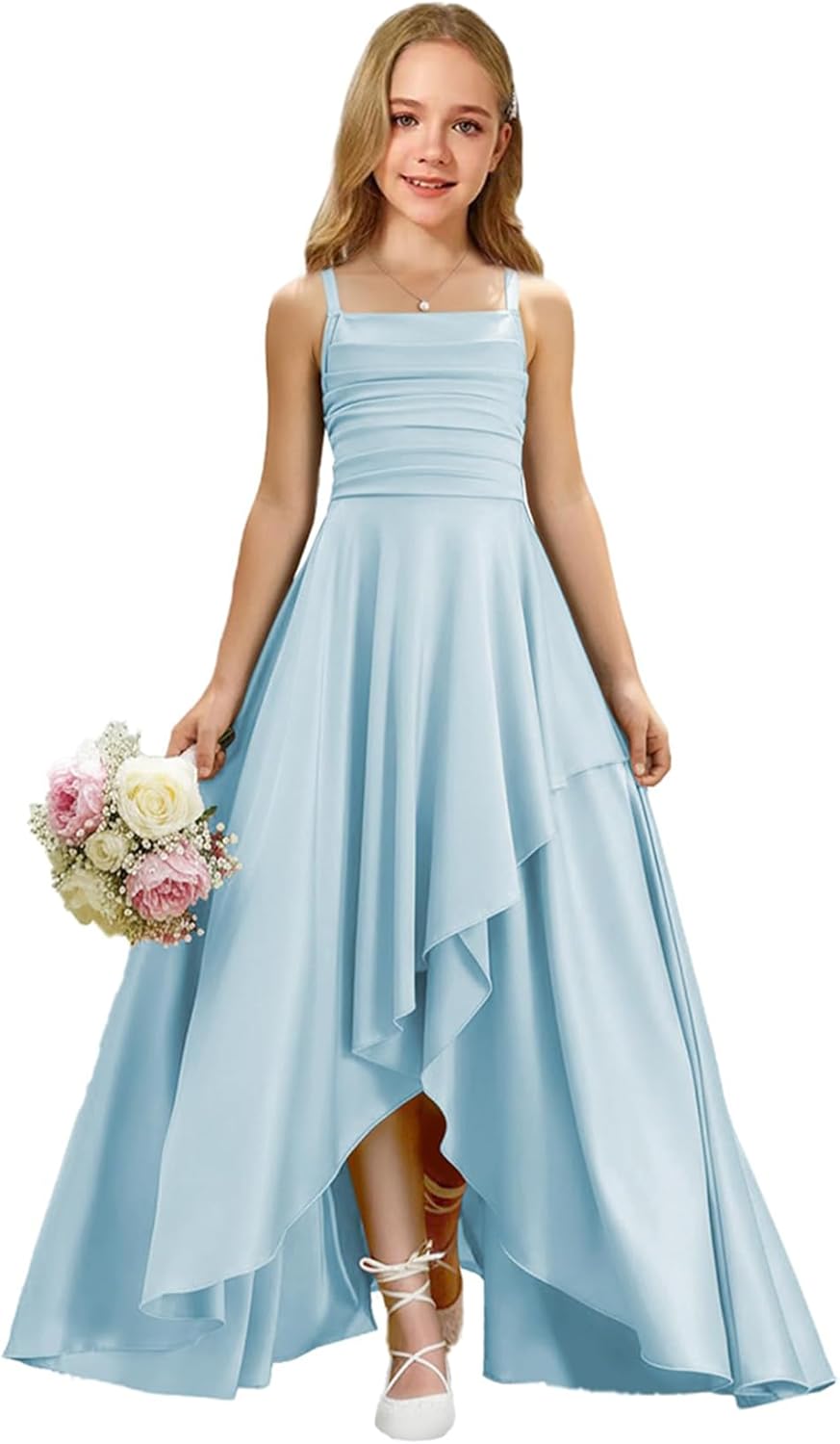 Augday Satin Junior Bridesmaid Dress with Adjustable Straps A-Line Flower Girl Formal Gown UJR150