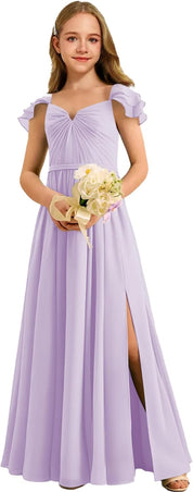 Augday Chiffon Junior Bridesmaid Dress Pleated V-Neck Cap Sleeves A-Line Flower Girl Formal Gown UJR151