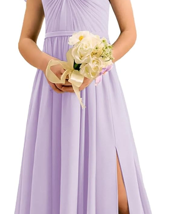 Augday Chiffon Junior Bridesmaid Dress Pleated V-Neck Cap Sleeves A-Line Flower Girl Formal Gown UJR151