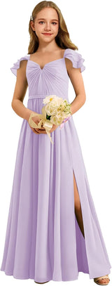 Augday Chiffon Junior Bridesmaid Dress Pleated V-Neck Cap Sleeves A-Line Flower Girl Formal Gown