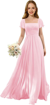 Flutter Sleeves Junior Bridesmaid Dress Square Neck Flower Girl Dresses with Ruffles A Line Wedding Party Gown