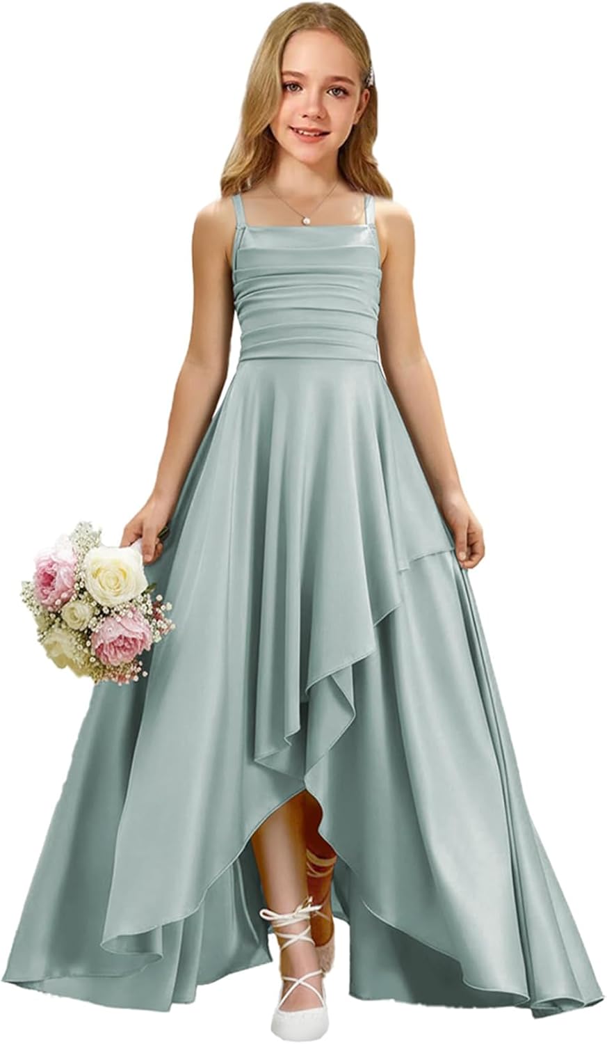 Augday Satin Junior Bridesmaid Dress with Adjustable Straps A-Line Flower Girl Formal Gown UJR150