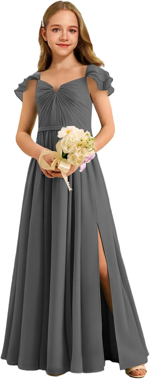 Augday Chiffon Junior Bridesmaid Dress Pleated V-Neck Cap Sleeves A-Line Flower Girl Formal Gown UJR151
