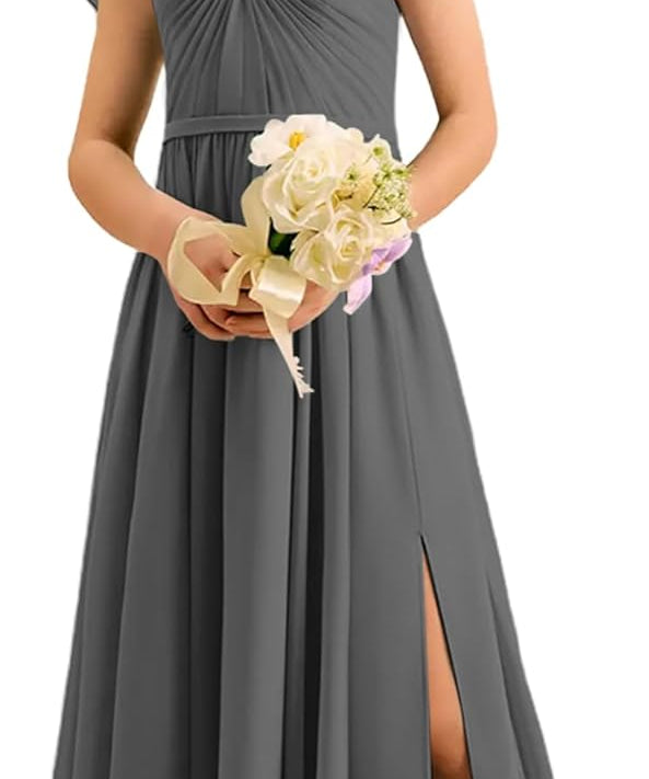 Augday Chiffon Junior Bridesmaid Dress Pleated V-Neck Cap Sleeves A-Line Flower Girl Formal Gown UJR151