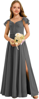 Augday Chiffon Junior Bridesmaid Dress Pleated V-Neck Cap Sleeves A-Line Flower Girl Formal Gown
