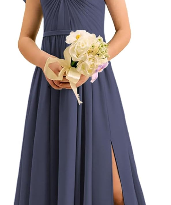 Augday Chiffon Junior Bridesmaid Dress Pleated V-Neck Cap Sleeves A-Line Flower Girl Formal Gown UJR151