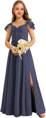 Augday Chiffon Junior Bridesmaid Dress Pleated V-Neck Cap Sleeves A-Line Flower Girl Formal Gown