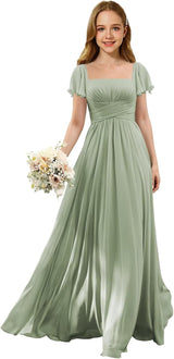 Augday Flutter Sleeves Junior Bridesmaid Dress Square Neck Flower Girl Dresses with Ruffles A Line Wedding Party Gown