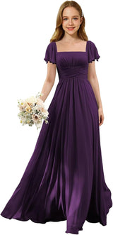 Augday Flutter Sleeves Junior Bridesmaid Dress Square Neck Flower Girl Dresses with Ruffles A Line Wedding Party Gown