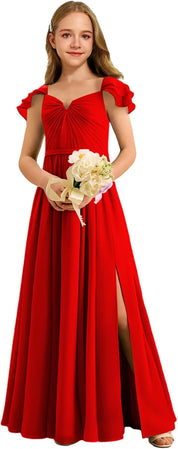 Augday Chiffon Junior Bridesmaid Dress Pleated V-Neck Cap Sleeves A-Line Flower Girl Formal Gown UJR151