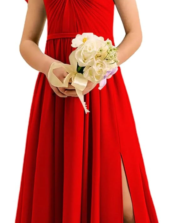 Augday Chiffon Junior Bridesmaid Dress Pleated V-Neck Cap Sleeves A-Line Flower Girl Formal Gown UJR151