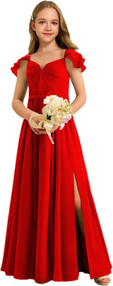 Augday Chiffon Junior Bridesmaid Dress Pleated V-Neck Cap Sleeves A-Line Flower Girl Formal Gown