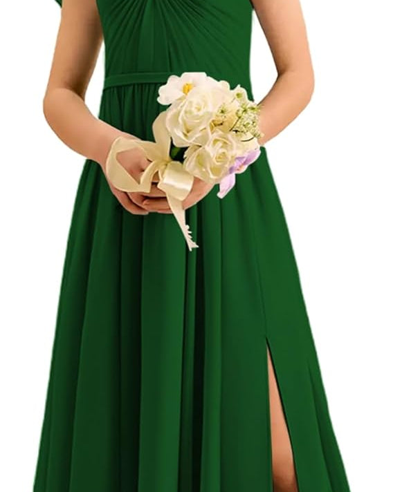 Augday Chiffon Junior Bridesmaid Dress Pleated V-Neck Cap Sleeves A-Line Flower Girl Formal Gown UJR151