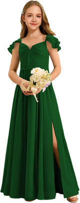 Augday Chiffon Junior Bridesmaid Dress Pleated V-Neck Cap Sleeves A-Line Flower Girl Formal Gown