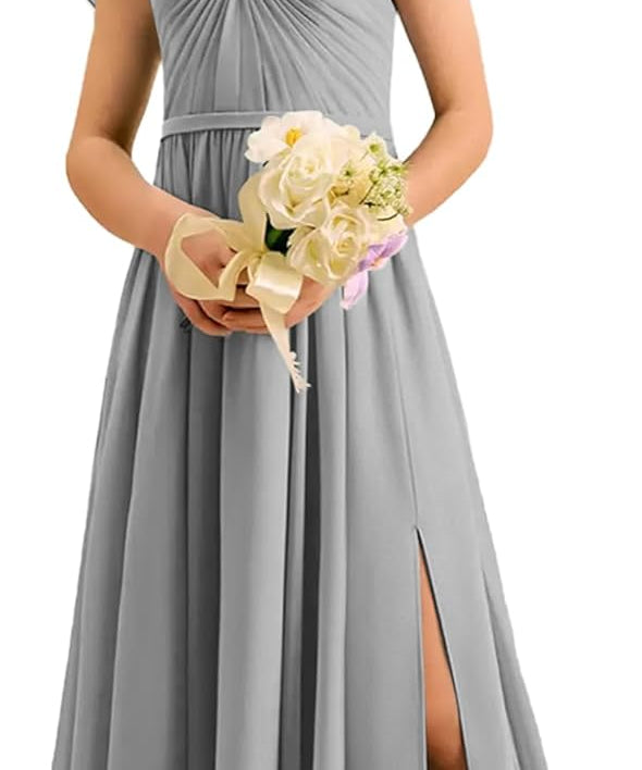 Augday Chiffon Junior Bridesmaid Dress Pleated V-Neck Cap Sleeves A-Line Flower Girl Formal Gown UJR151