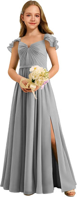 Augday Chiffon Junior Bridesmaid Dress Pleated V-Neck Cap Sleeves A-Line Flower Girl Formal Gown