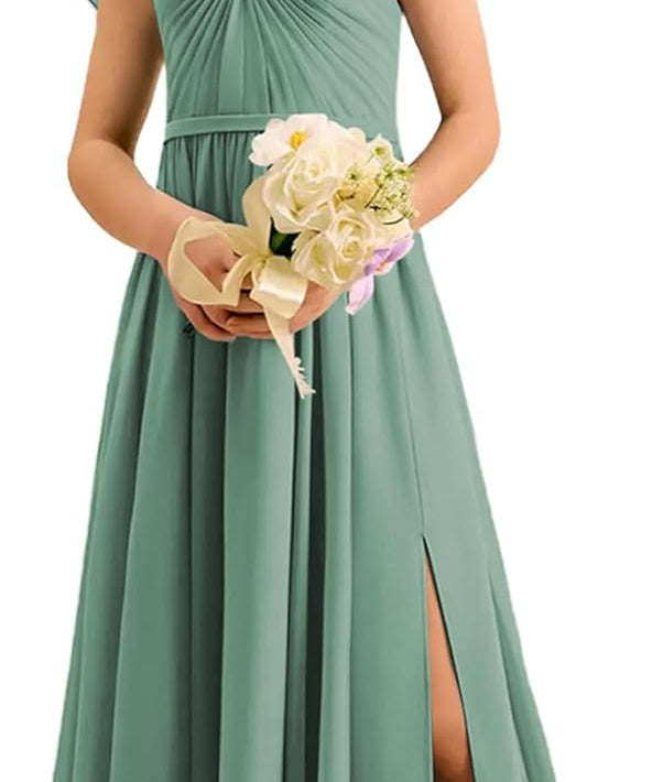 Augday Chiffon Junior Bridesmaid Dress Pleated V-Neck Cap Sleeves A-Line Flower Girl Formal Gown UJR151