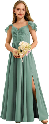 Augday Chiffon Junior Bridesmaid Dress Pleated V-Neck Cap Sleeves A-Line Flower Girl Formal Gown