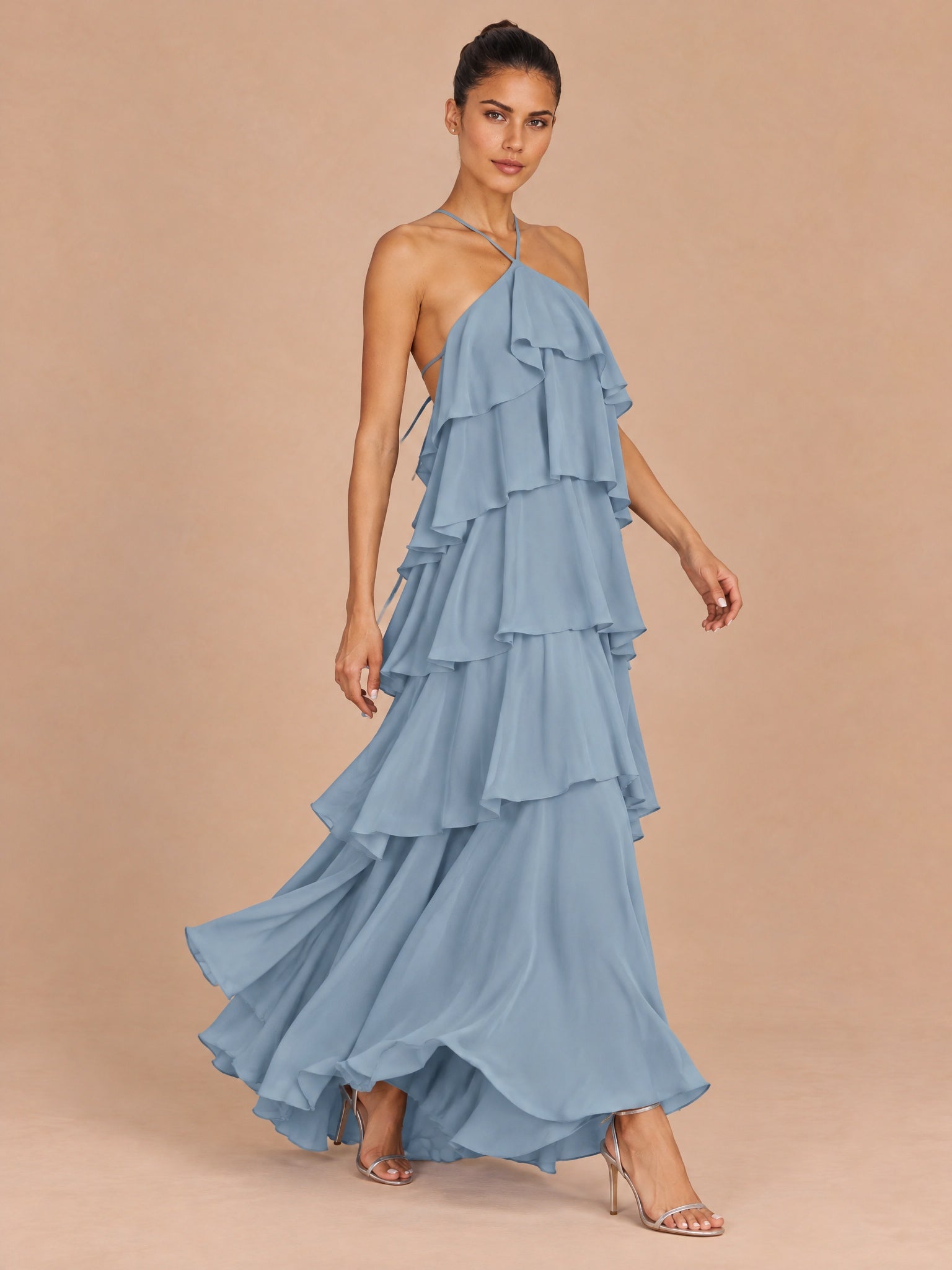 Augday Stella Halter Tiered Ruffle Chiffon Maxi Dress