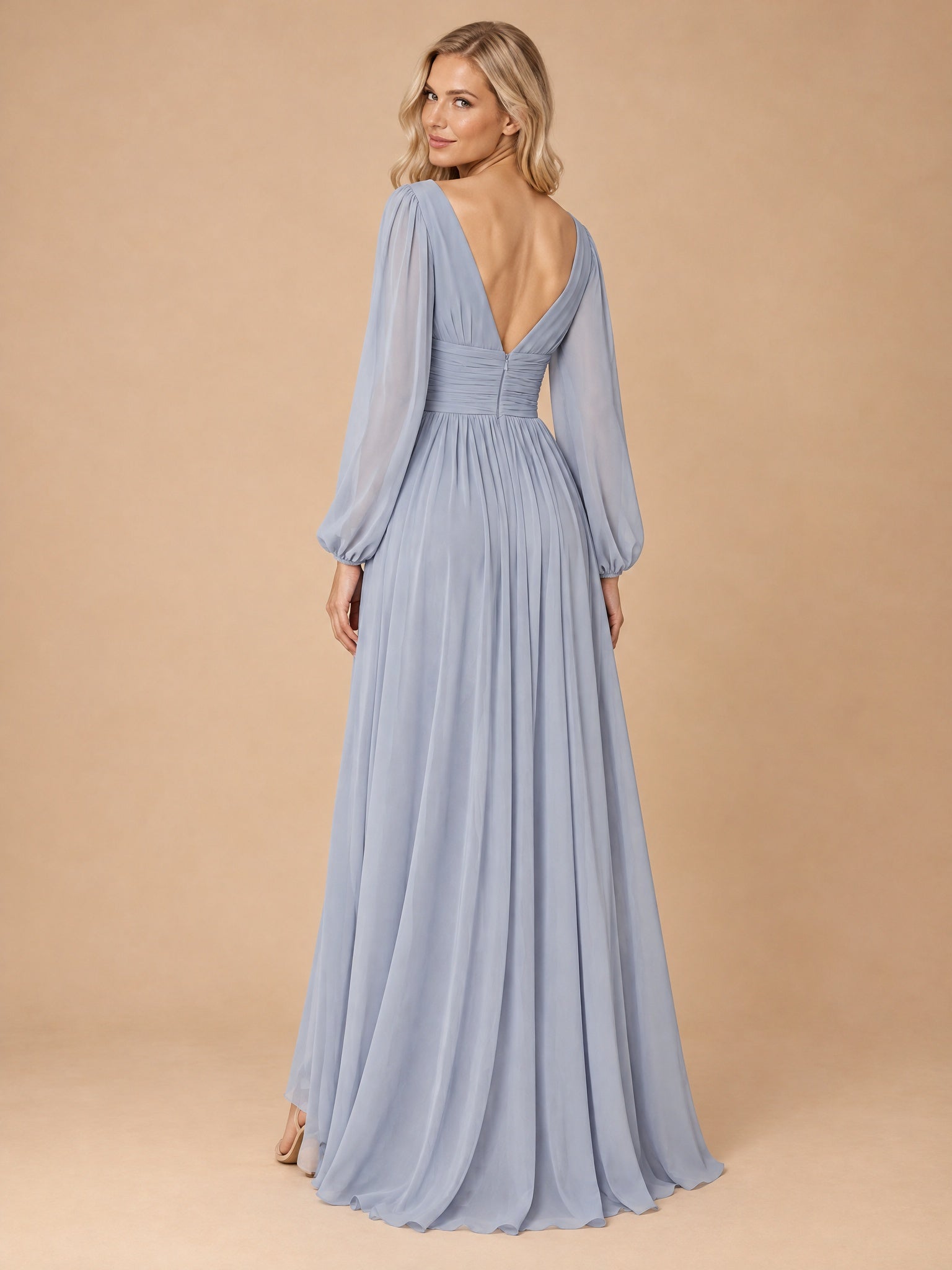 Augday Eleanor V-Neck Long Bishop Sleeve Ruched Chiffon Maxi Dress with Slit