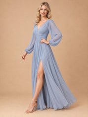 Augday Eleanor V-Neck Long Bishop Sleeve Ruched Chiffon Maxi Dress with Slit