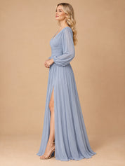 Augday Eleanor V-Neck Long Bishop Sleeve Ruched Chiffon Maxi Dress with Slit