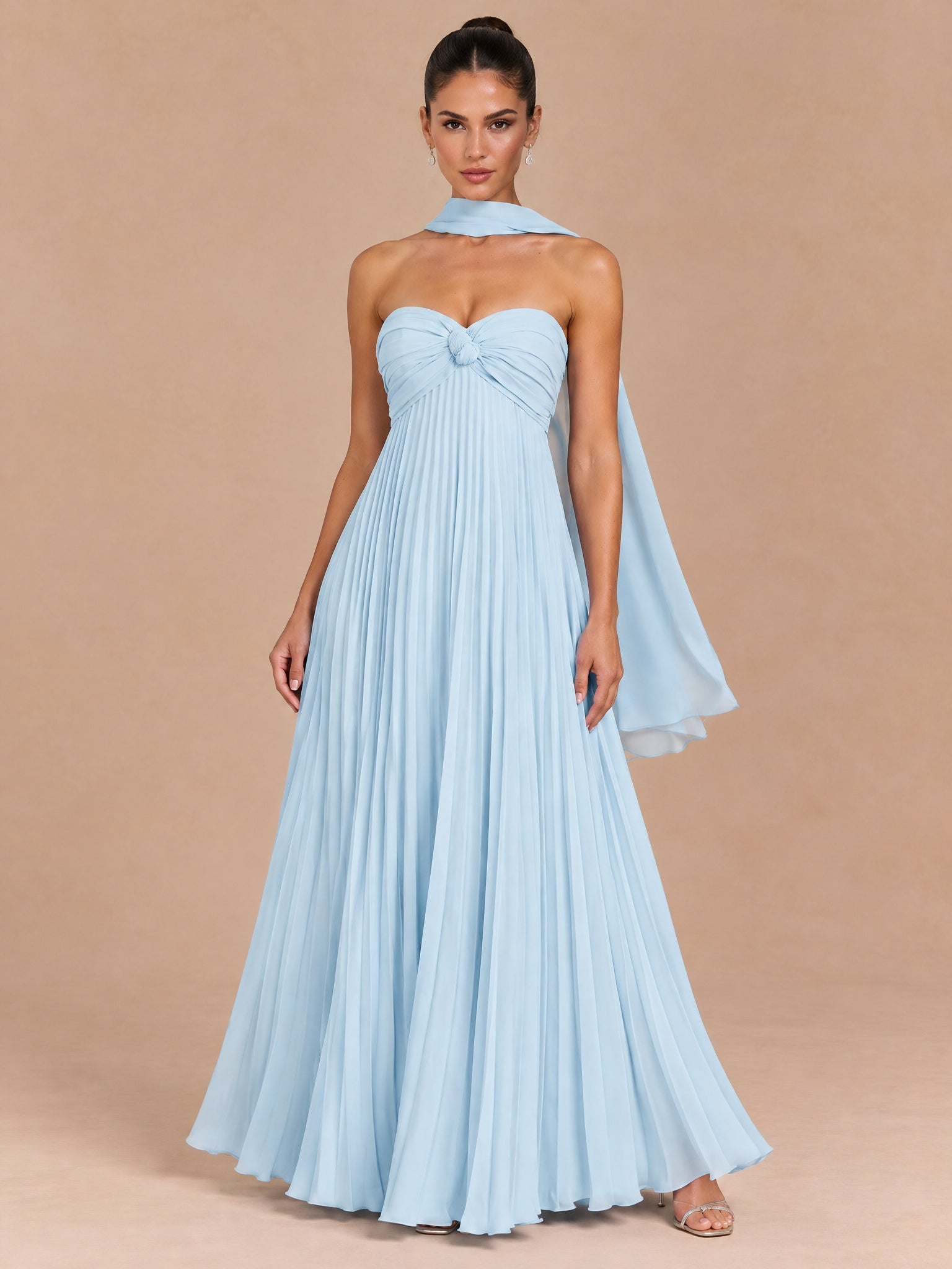 Augday Charlotte Strapless Pleated Chiffon Maxi Dress with Scarf