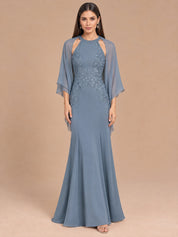 Augday Isabella Beaded Halter Lace Mermaid Maxi Dress with Removable Cape