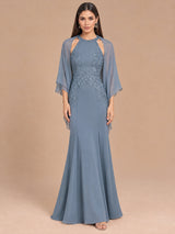 Augday Isabella Beaded Halter Lace Mermaid Maxi Dress with Removable Cape