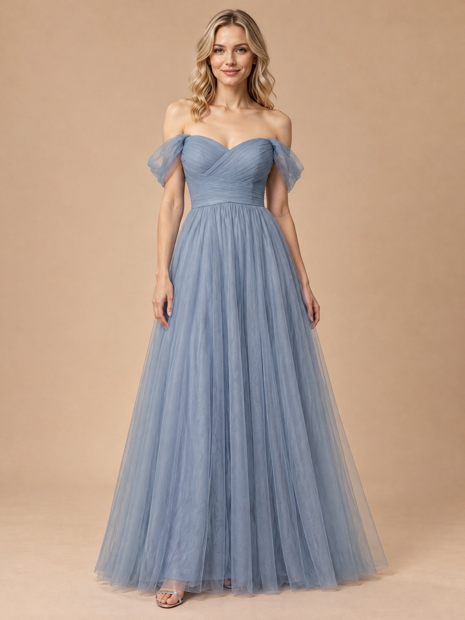Augday Serena Off-the-Shoulder Sweetheart Pleated Tulle Maxi Dress