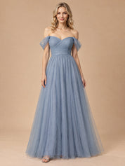 Augday Serena Off-the-Shoulder Sweetheart Pleated Tulle Maxi Dress