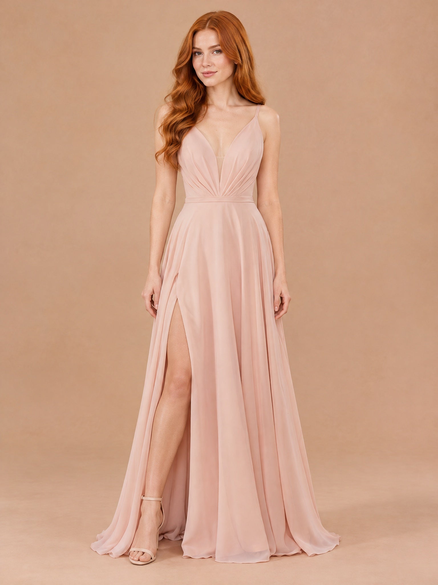 Augday Lily V-Neck Pleated Chiffon Maxi Dress with Slit